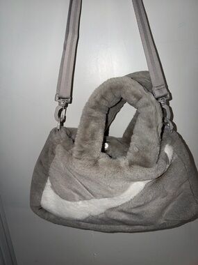 Nike Plush Faux Fur Shoulder Bag - Gray and White